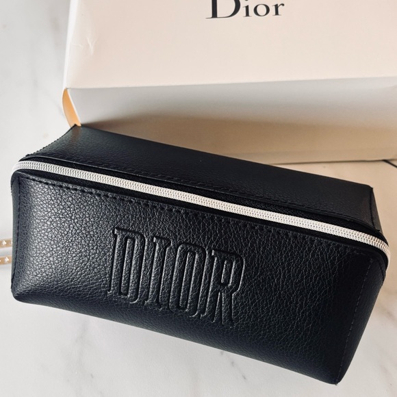 DIOR Black Faux Leather Cosmetic Pouch Makeup Bag Case Embossed Logo New - Picture 4 of 14